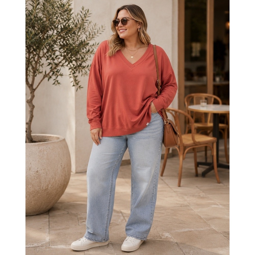 Orvis Women XXL V Neck Sweatshirt Terracotta Modal Relaxed Oversized Athleisure